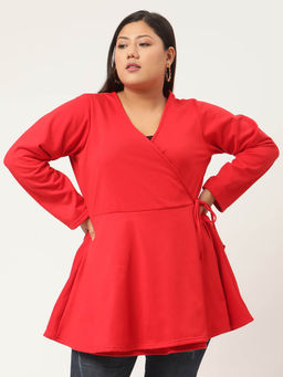 theRebelinme - Plus Size Womens Red Solid Color Tie-Up Longline Winter Top