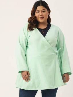 theRebelinme - Plus Size Womens Sea Green Solid Color Tie-Up Longline Winter Top