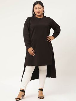 theRebelinme - Plus Size Womens Black Solid Color High-Low Longline Winter Top