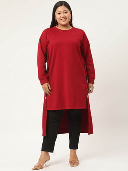 theRebelinme - Plus Size Womens Maroon Solid Color High-Low Longline Winter Top