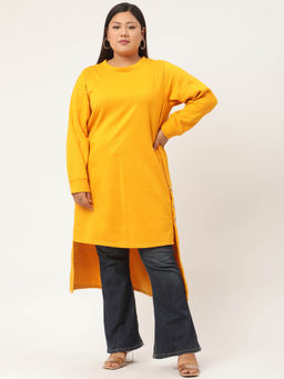 theRebelinme - Plus Size Womens Mustard Solid Color High-Low Longline Winter Top