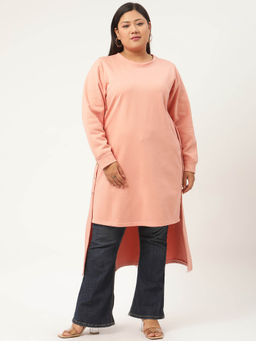 theRebelinme - Plus Size Womens Pink Solid Color High-Low Longline Winter Top
