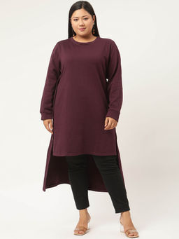 theRebelinme - Plus Size Womens Plum Solid Color High-Low Longline Winter Top