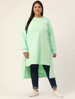theRebelinme - Plus Size Womens Sea Green Solid Color High-Low Longline Winter Top