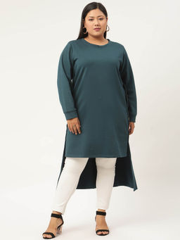 theRebelinme - Plus Size Womens Teal Solid Color High-Low Longline Winter Top