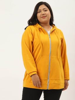 theRebelinme - Plus Size Womens Mustard Solid Color Hooded Fleece Jacket