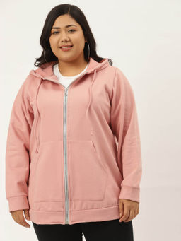 theRebelinme - Plus Size Womens Pink Solid Color Hooded Fleece Jacket