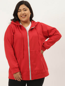 theRebelinme - Plus Size Womens Red Solid Color Hooded Fleece Jacket