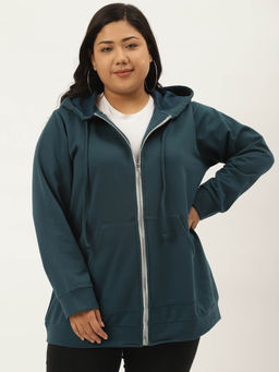 theRebelinme - Plus Size Womens Teal Solid Color Hooded Fleece Jacket