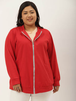 theRebelinme - Plus Size Womens Red Solid Color Bomber Fleece Jacket