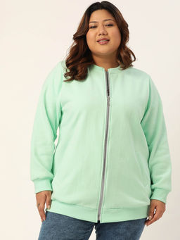 theRebelinme - Plus Size Womens Sea Green Solid Color Bomber Fleece Jacket