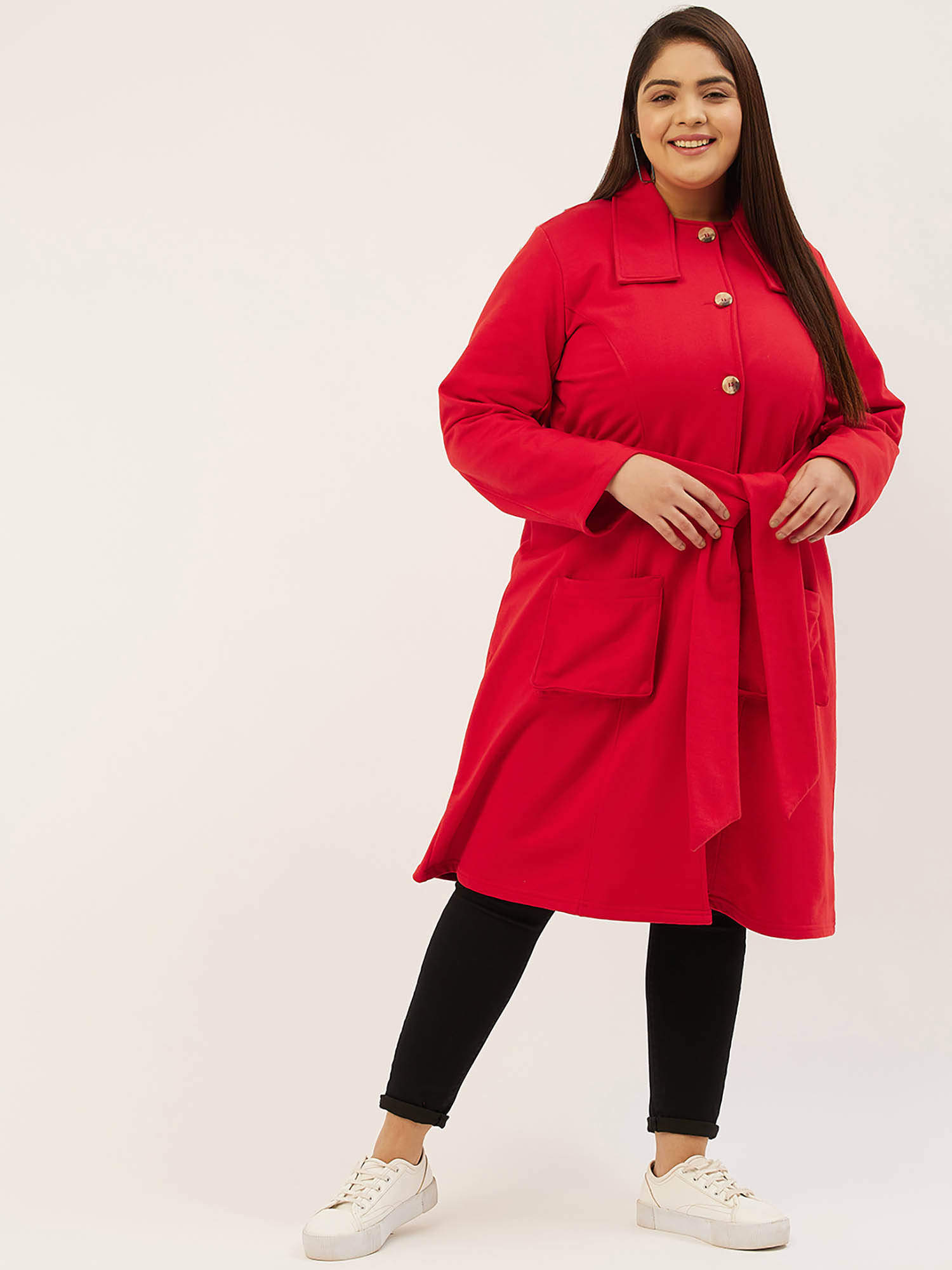 Buy theRebelinme Plus Size Womens Red Solid Color Longline Coat