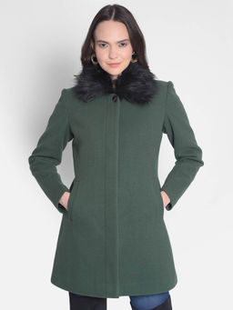 CRIMSOUNE CLUB - Women's Green Overcoat with Faux Fur Detail