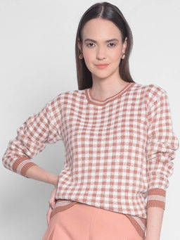 CRIMSOUNE CLUB - Women's Peach Checked Sweater