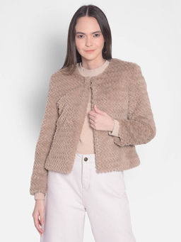CRIMSOUNE CLUB - Women's Beige Front-Open Jacket with Faux Fur Detail