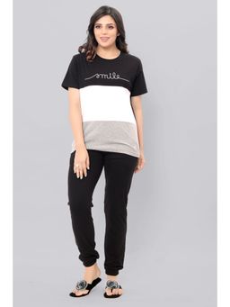 evolove - Women Cotton Knitted T-shirt & Pyjama Night Suit - Black Grey (Set of 2)