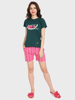 evolove - Women Cotton Knitted T-shirt & Shorts Night Suit - Dark Green Pink (Set of 2)