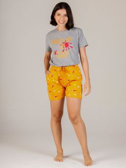 evolove - Women Cotton Knitted T-shirt & Shorts Night Suit - Yellow Grey (Set of 2)