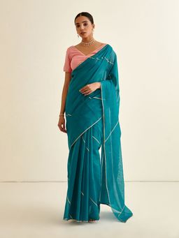 Abhishti - Dark Cyan Banarasi Woven Sari and Gota Patti Highlights with Unstitched Blouse