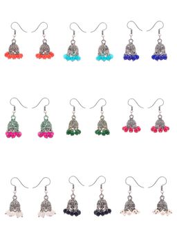 Yellow Chimes - Set of 9 Silver-Toned Dome Shaped Jhumkas Earrings