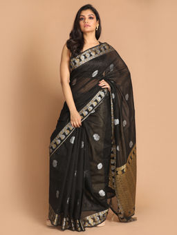 Indethnic - Banarasi Black Woven Design Daily Wear Saree With Unstitched Blouse