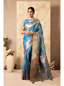 Dress & Dazzle - Aqua Blue Banarsi Woven Saree with Unstitched Blouse