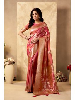 Dress & Dazzle - Peach Banarsi Woven Saree with Unstitched Blouse