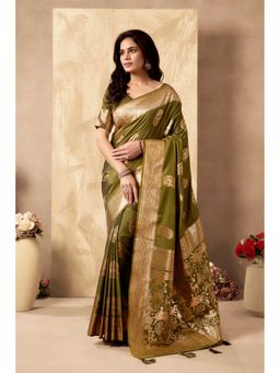 Dress & Dazzle - Forest Green Banarsi Woven Saree with Unstitched Blouse