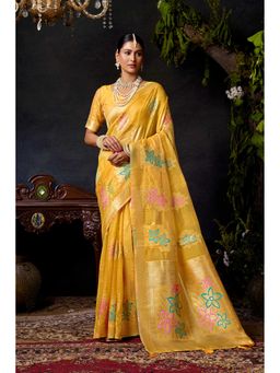 Dress & Dazzle - Bright Yellow Banarsi Woven Saree with Unstitched Blouse