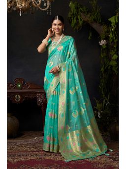 Dress & Dazzle - Light Turquoise Banarsi Woven Saree with Unstitched Blouse