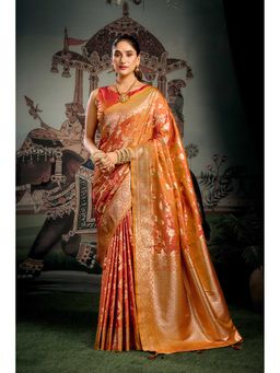 Dress & Dazzle - Fiery Orange Silk Woven Saree with Unstitched Blouse