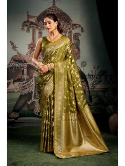 Dress & Dazzle - Mehndi Green Silk Woven Saree with Unstitched Blouse