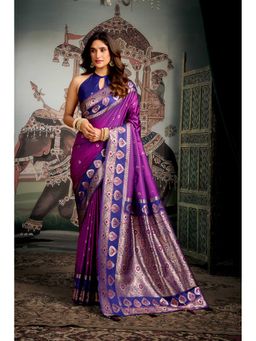 Dress & Dazzle - Deep Purple Woven Saree with Unstitched Blouse