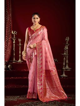 Dress & Dazzle - Rose Pink Woven Saree with Unstitched Blouse