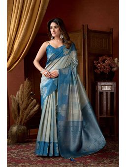 Dress & Dazzle - Woven Blue Silk Woven Saree with Unstitched Blouse