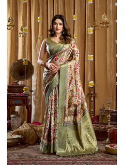 Dress & Dazzle - Deep Olive Silk Woven Saree with Unstitched Blouse