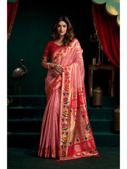 Dress & Dazzle - Blush Pink Woven Saree with Unstitched Blouse
