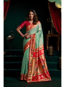 Dress & Dazzle - Lime Green Woven Saree with Unstitched Blouse