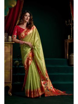 Dress & Dazzle - Mint Green Woven Saree with Unstitched Blouse