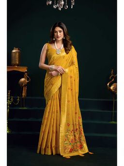 Dress & Dazzle - Ochre Yellow Woven Saree with Unstitched Blouse