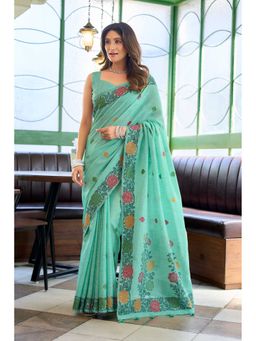 Dress & Dazzle - Aqua Green Handloom Woven Saree with Unstitched Blouse