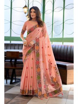 Dress & Dazzle - Peach Handloom Woven Saree with Unstitched Blouse