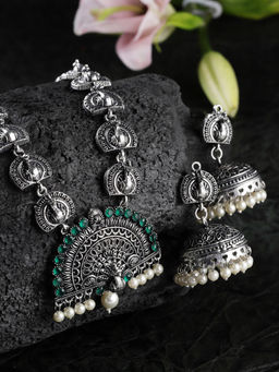 PANASH - Silver-Toned Green Stone-Studded Peacock Shaped Oxidized Jewellery (Set of 2)