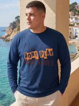 Bewakoof - Men's Navy Blue Rock N Roll Typography Plus Size T-shirt