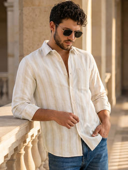 Bewakoof - Men's Beige Striped Cotton Linen Shirt