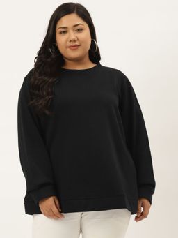 theRebelinme - Plus Womens Black Solid Color Knitted Fleece Sweatshirt