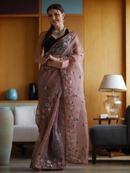 Odette - Dusty Brown Organza Embroidery Saree with Unstitched Blouse