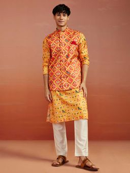 Vastramay - Men Red Nehru Jacket With Yellow Patola Print Kurta & Cream Pyjama