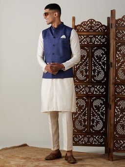 Vastramay - Men Blue Silk Blend Nehru Jacket With Cream Silk Kurta & Viscose Pyjama