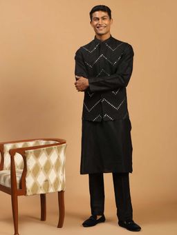 Vastramay - Men Black Mirror Work Nehru Jacket With Silk Kurta & Viscose Pyjama